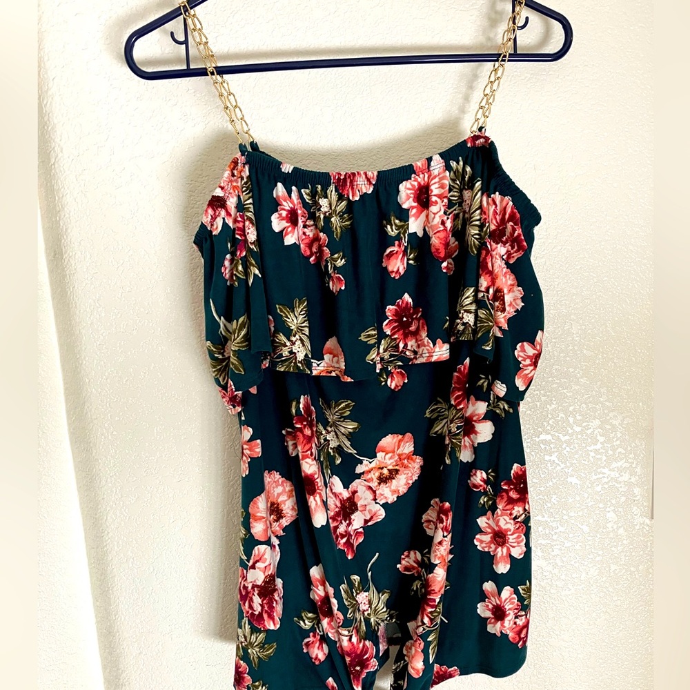 Top Fashion of NY floral off the shoulder blouse w/ chain strap detail